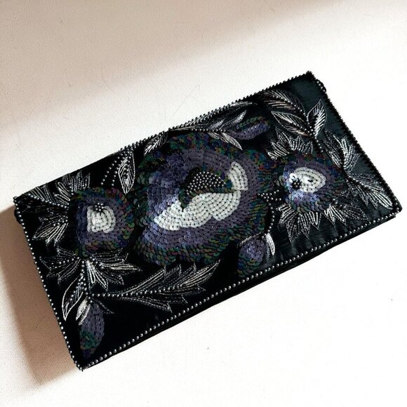 Vintage dark grey Blue beaded Sequin Embellished  Evening Clutch Crossbody - Picture 2 of 7